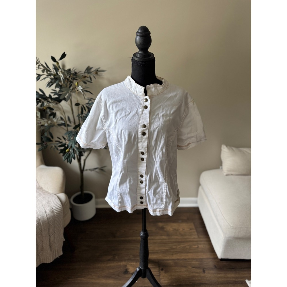 Lew Magram White Short Sleeve Snap Front Mandarin Collar Top Size 16 L4907
